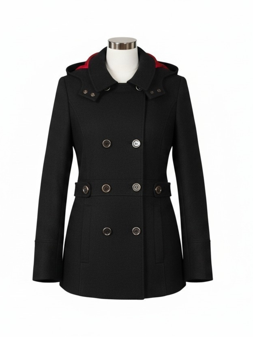 Women’s Black Hooded Double-Breasted Pea Coat with Red Lining